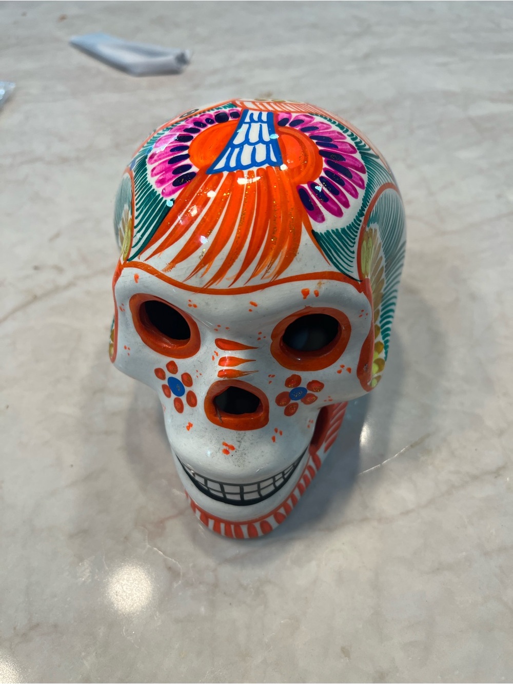 Hand-Painted Ceramic Sugar Skull - Orange & Multicolor Home Art